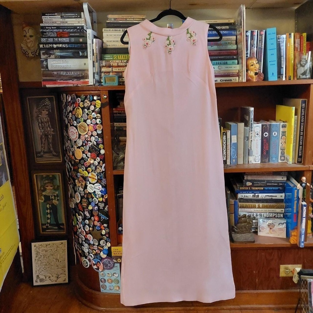 Vintage 1960s Baby Pink Floor Length Gown Floral Embroidered‎ Maxi Dress